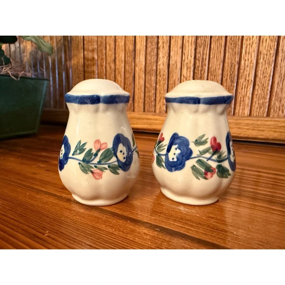 Vintage Blue Floral Salt & Pepper Shakers Hand Painted Ceramic Japan Style